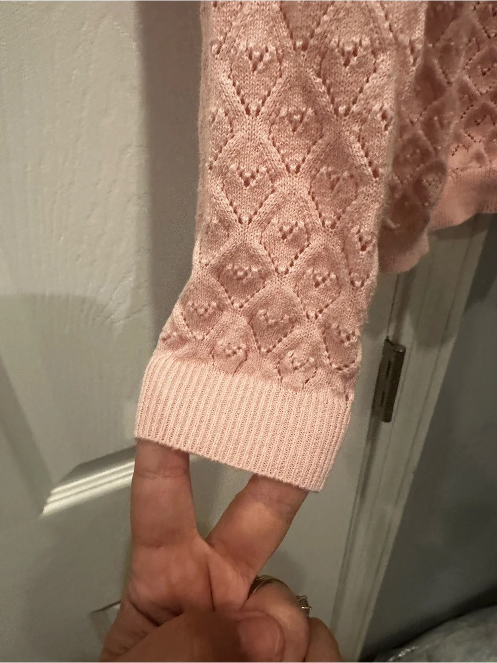 Pink Pointelle Knit Button-Front Sweater with Scalloped Peter Pan Collar